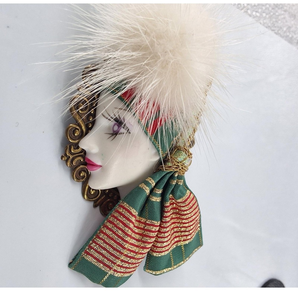 Vintage Art Deco Lady Face Brooch Faux Fur Turban Christmas Portrait Pin